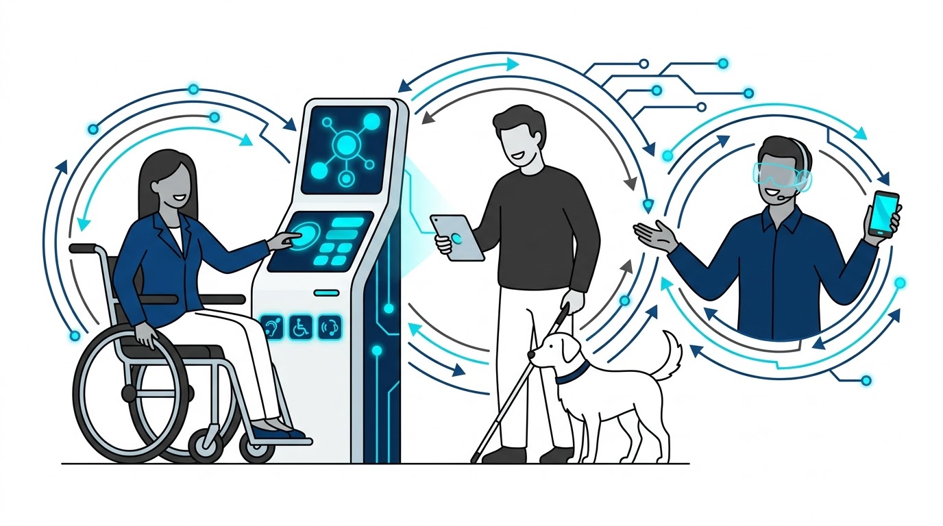 Pessoa utilizando recursos de tecnologia assistiva em um ambiente conectado e inclusivo.